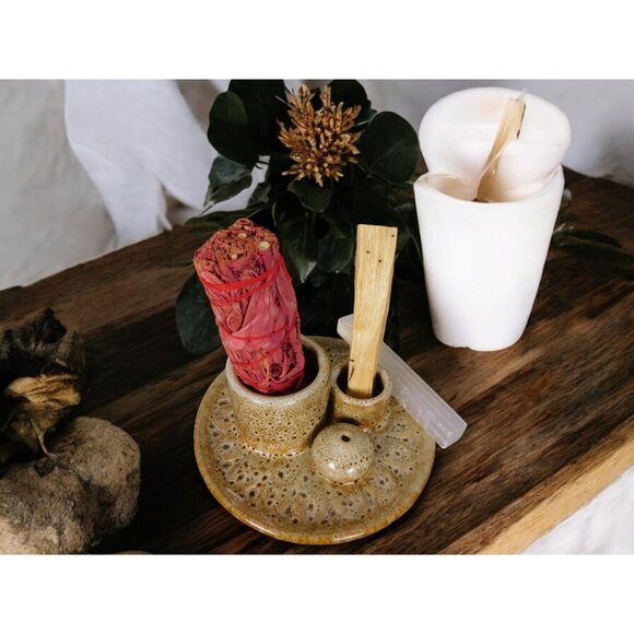 Rustic Ceramic Incense Holder Ash Catcher Altar Sage Smudge Bowl - Picture 8 of 10